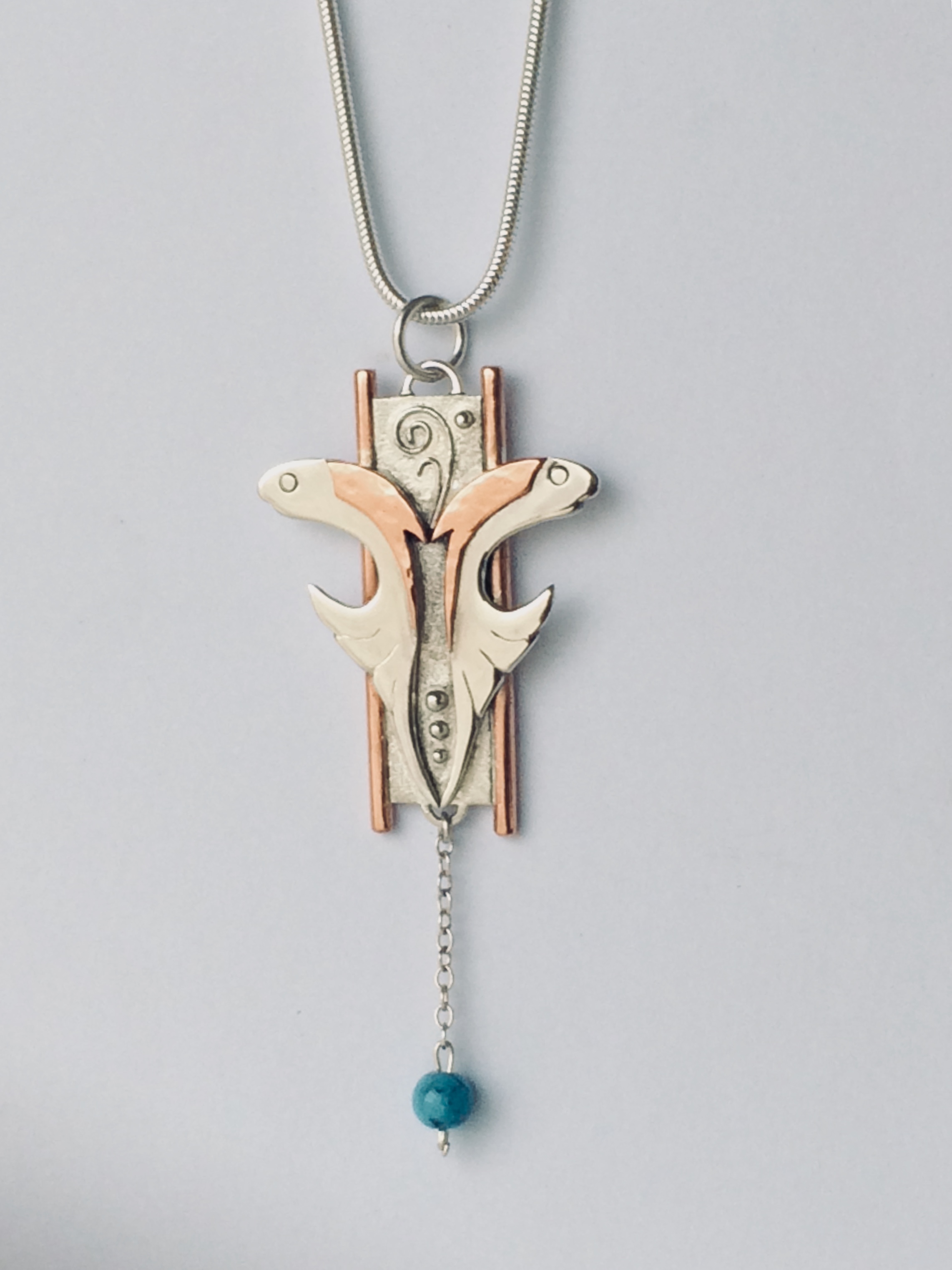 Silver and copper fish pendant with turquoise SOLD
